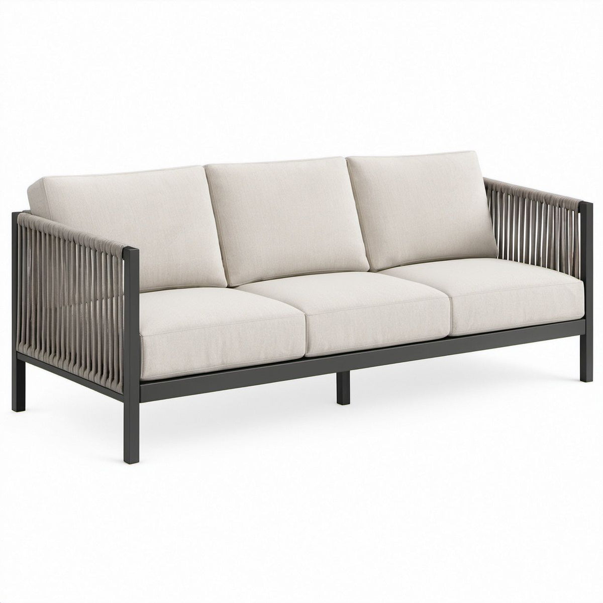 3-Seat Outdoor Sofa with Beige Cushions, Taupe Rope and Black Aluminum Frame, 78 x 32 x 31 in