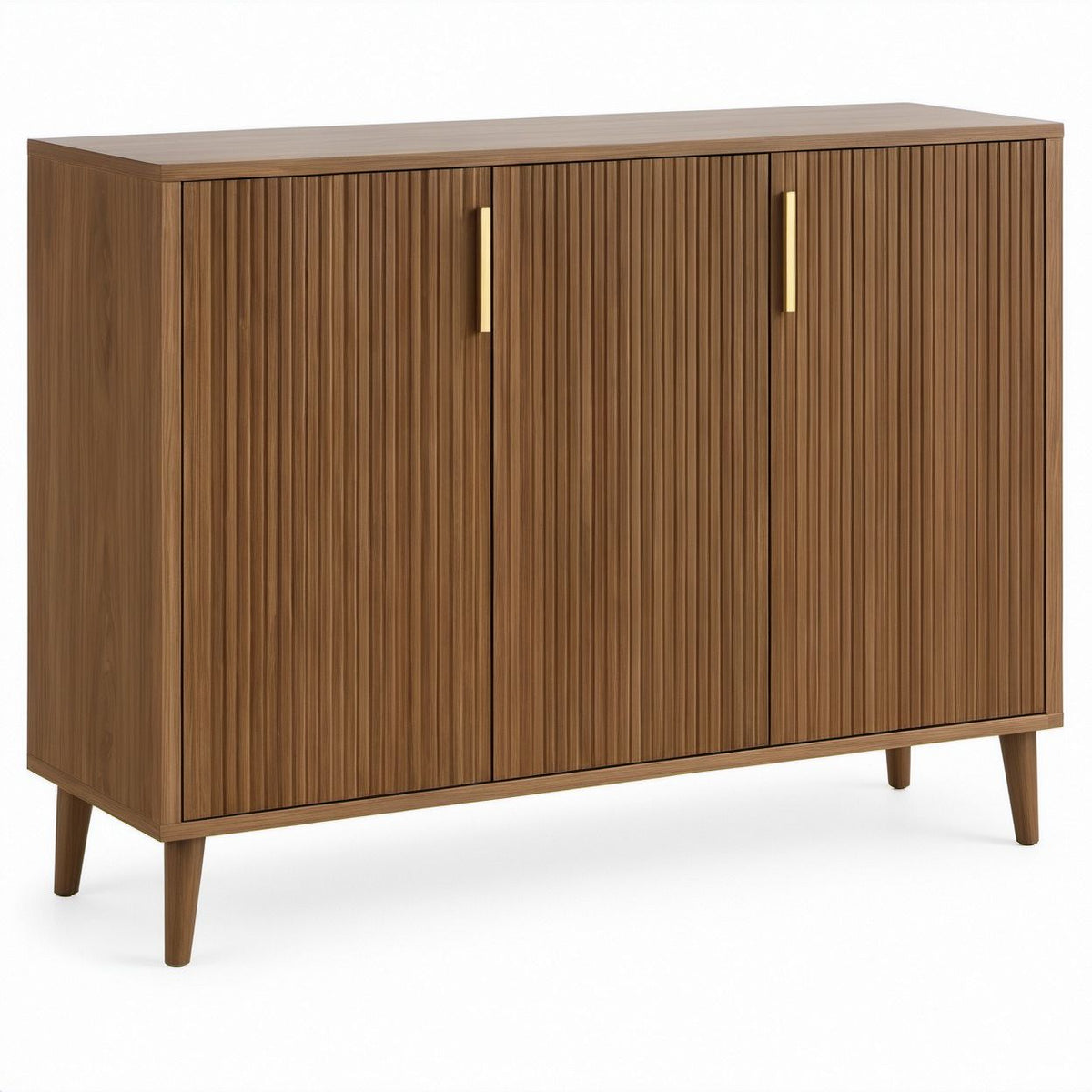 Walnut 3-Door Accent Cabinet with Fluted Doors and Gold Handles, 48 x 18 x 36 in