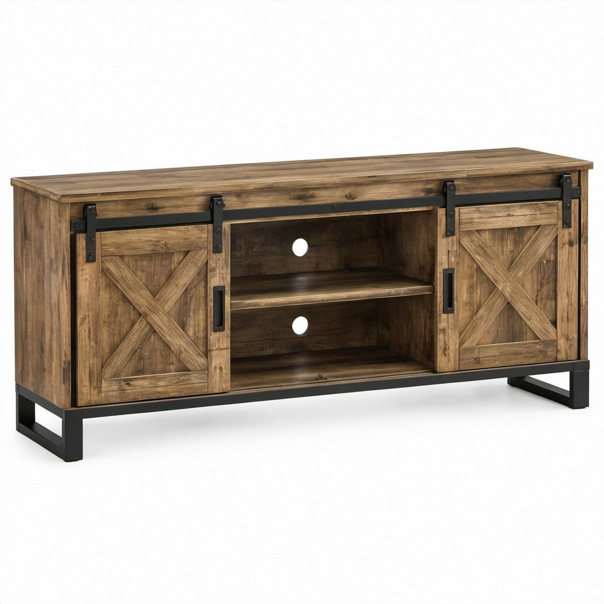 58 in Rustic Brown and Black Sliding Barn Door TV Stand with 2 Shelves