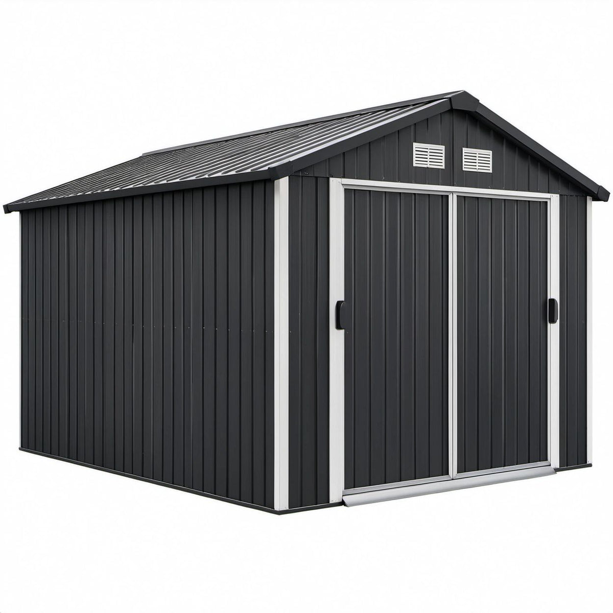 8 x 6 x 6.6 ft Black and Silver Galvanized Steel Outdoor Storage Shed with Double Sliding Doors