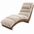 Curved Beige Upholstered Chaise Lounge with Walnut Brown Frame and Silver Feet, 170 x 70 x 92 cm