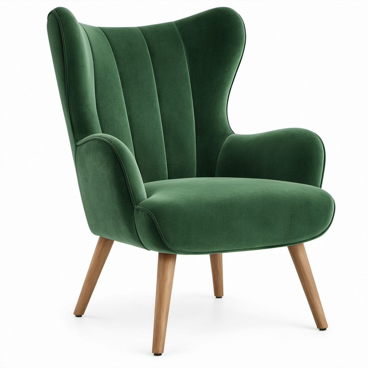 Deep Green Velvet Wingback Lounge Chair with Natural Brown Rubberwood Legs, 31 x 35 x 43 in