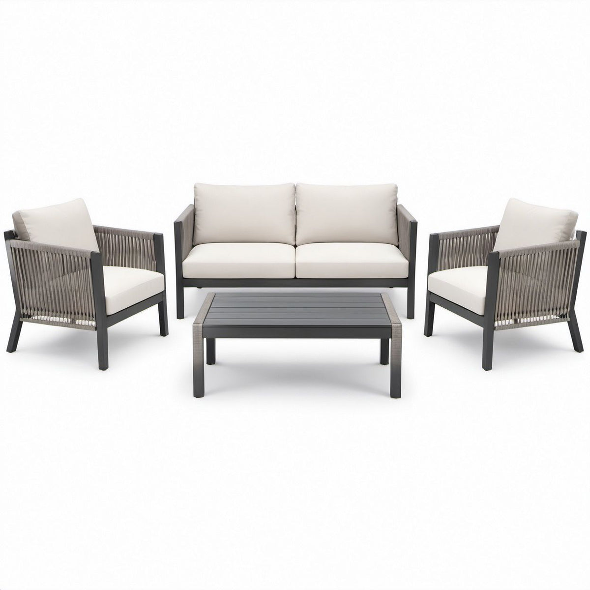 4-Piece Outdoor Patio Conversation Set with Gray Aluminum Frames, Polypropylene Rope and Cream Cushions, Loveseat 52 x 30 x 32 in