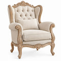 Traditional Beige Wingback Accent Chair with Carved Light Brown Rubberwood Frame, 42 in W x 36 in D x 52 in H