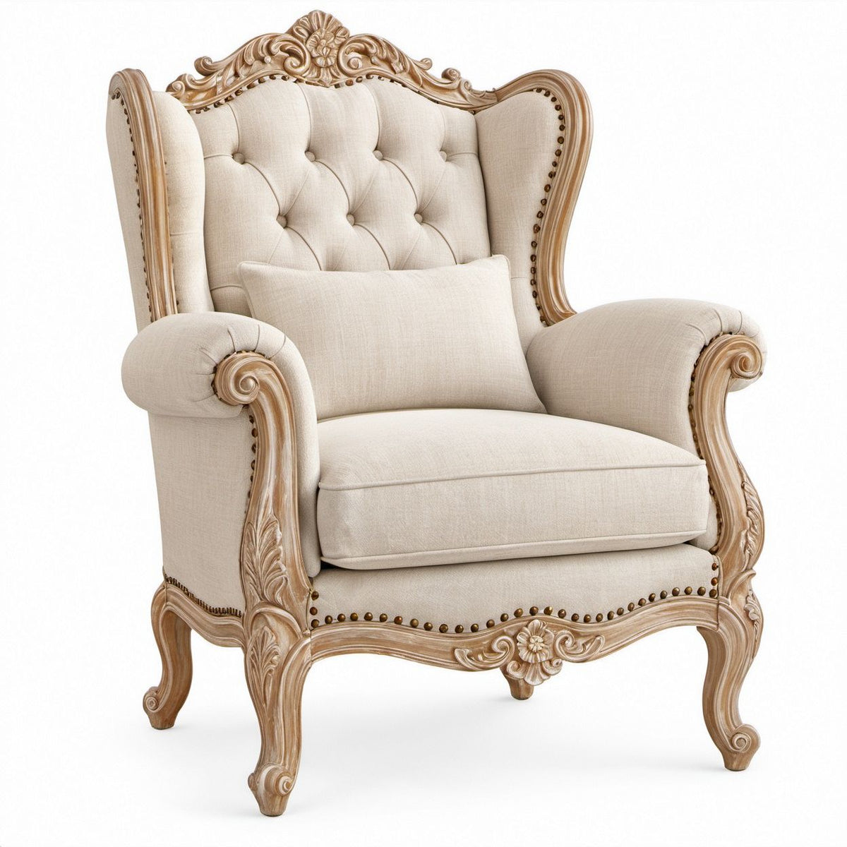 Traditional Beige Wingback Accent Chair with Carved Light Brown Rubberwood Frame, 42 in W x 36 in D x 52 in H