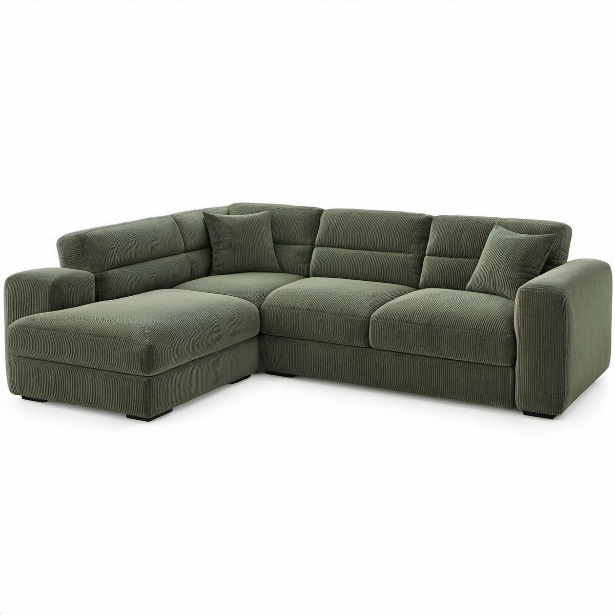 Olive Green L-Shaped Sectional Sofa with Left-Facing Chaise, Corduroy Upholstery, 112 x 65 x 35 in