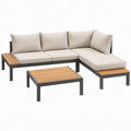 Outdoor L-Shaped Sectional with Right Chaise and Coffee Table, Beige Cushions, Black Aluminum Frame, Natural Acacia Wood, 97 x 63 x 32 in