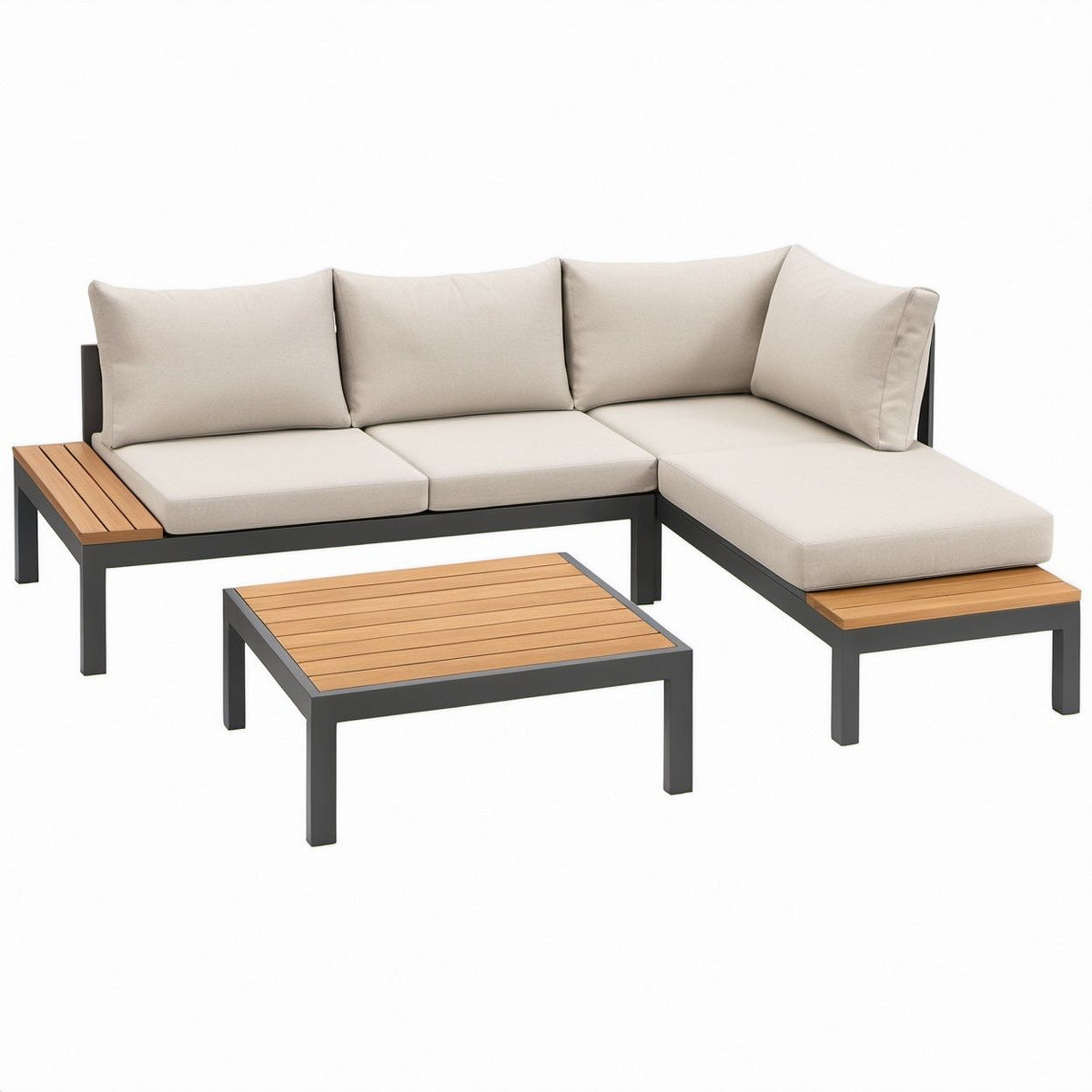 Outdoor L-Shaped Sectional with Right Chaise and Coffee Table, Beige Cushions, Black Aluminum Frame, Natural Acacia Wood, 97 x 63 x 32 in