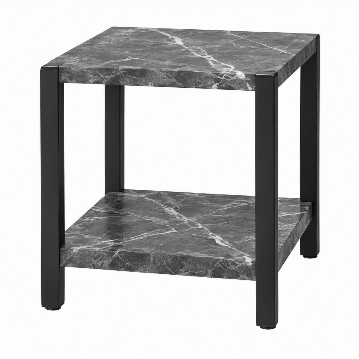 18 x 18 x 24 in Black and Gray Faux Marble Side Table with Lower Shelf