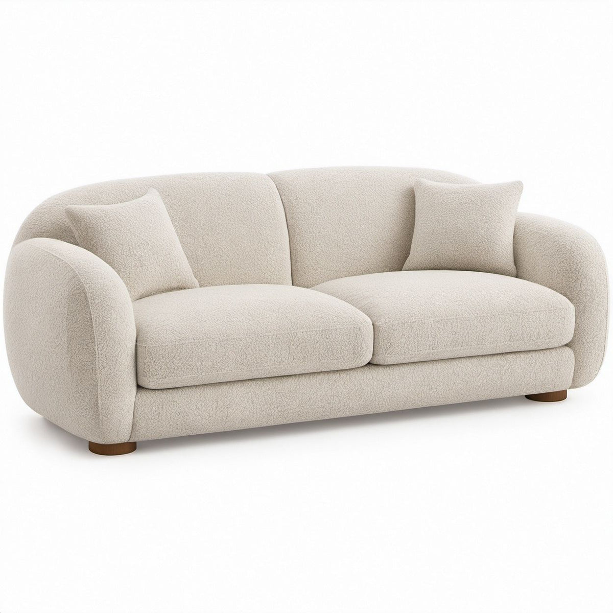 Ivory Curved Boucle Sofa with 2 Throw Pillows, 86 x 38 x 31 in