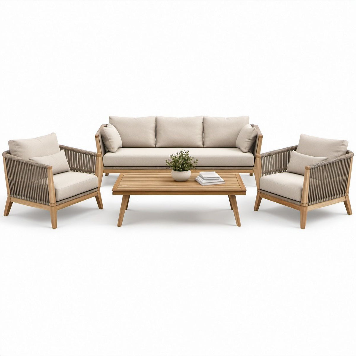 4-Piece Acacia Wood Patio Seating Set with Coffee Table, Natural Brown/Taupe/Beige, Sofa 78 x 32 x 31 in