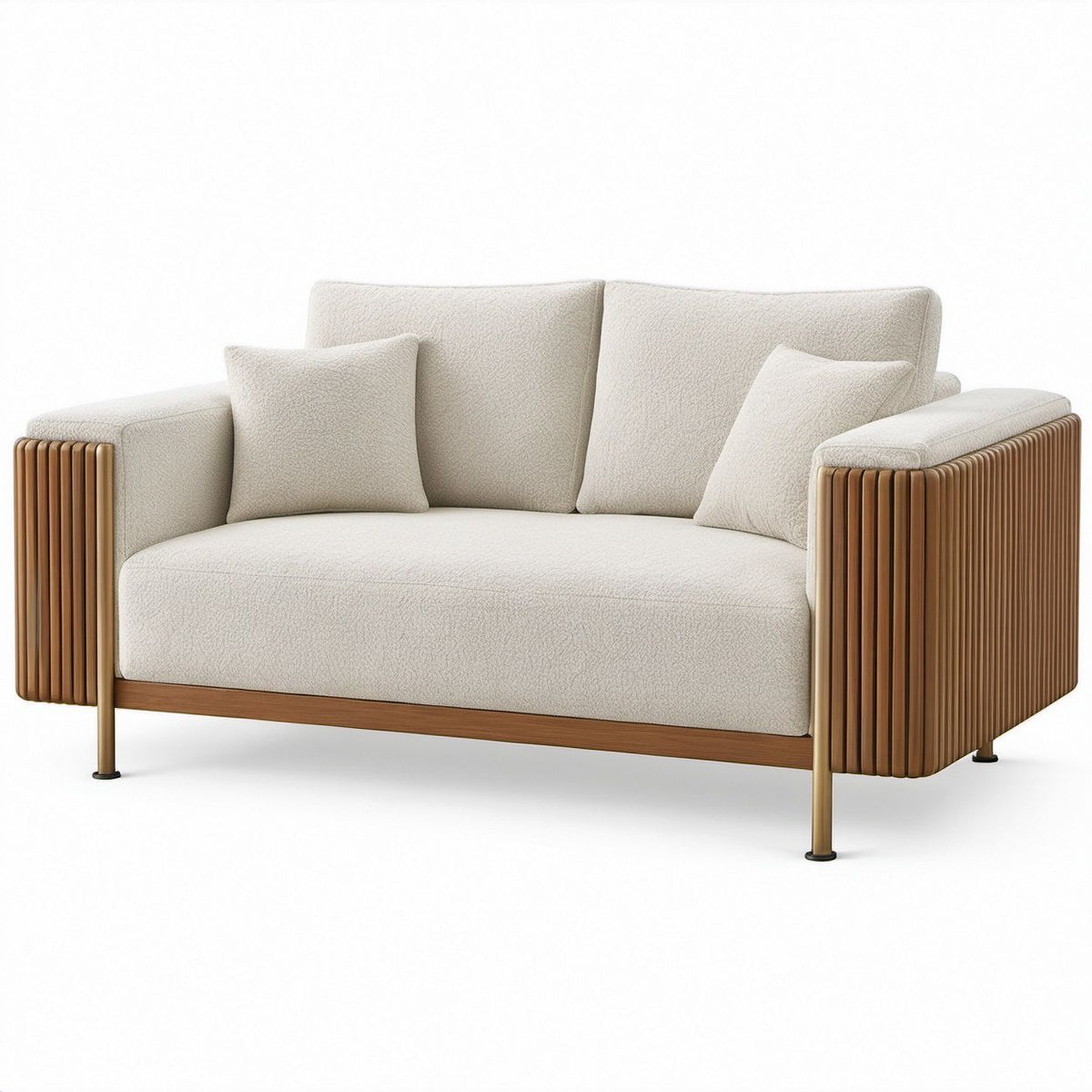 Cream Bouclé Upholstered Loveseat with Solid Rubberwood Slatted Arms, 165 x 90 x 82 cm