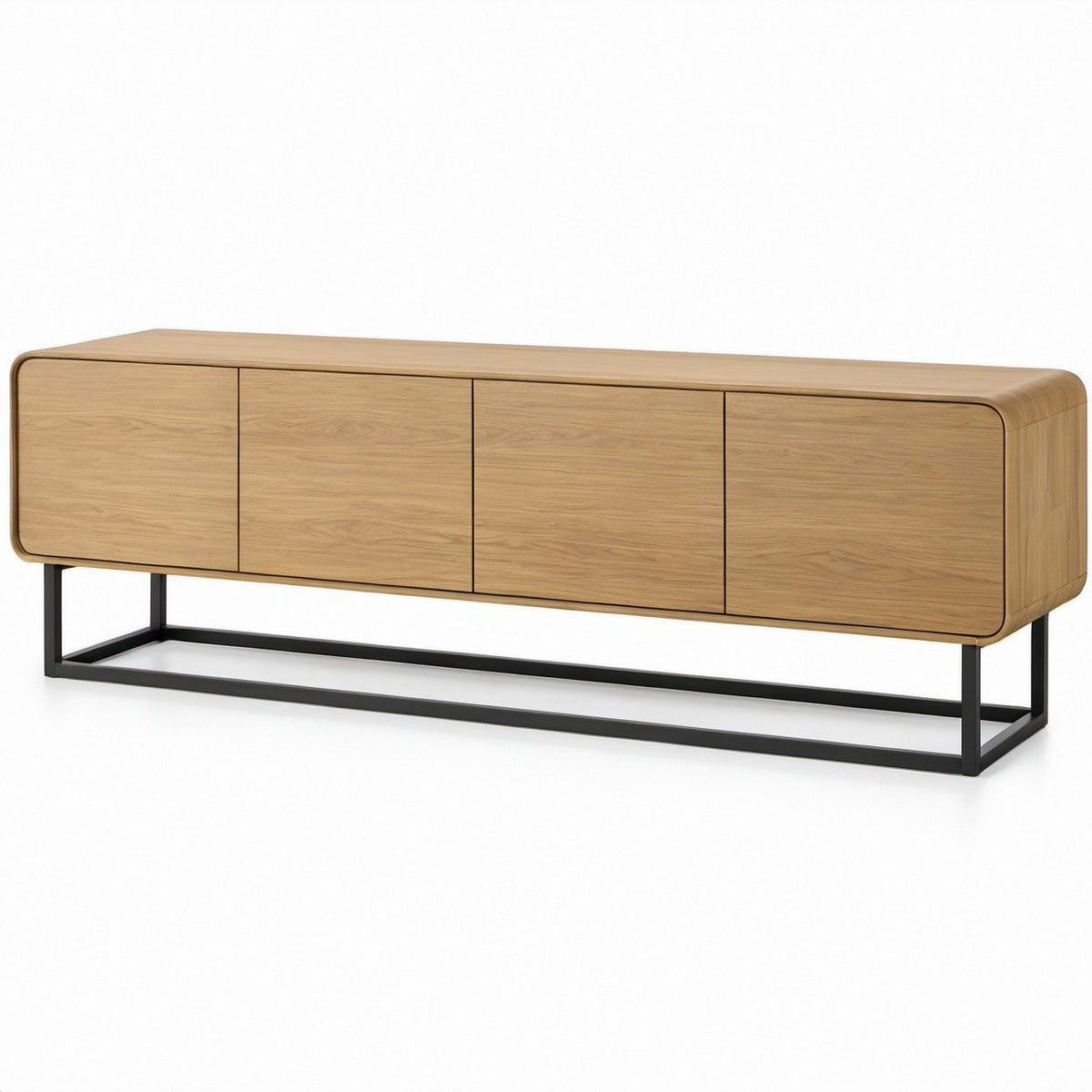 Natural Oak Veneer Media Console with Black Steel Base, 78.7 x 15.7 x 21.7 in