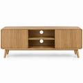 Natural Rubberwood TV Stand with Sliding Tambour Doors, 63 x 16 x 25 in