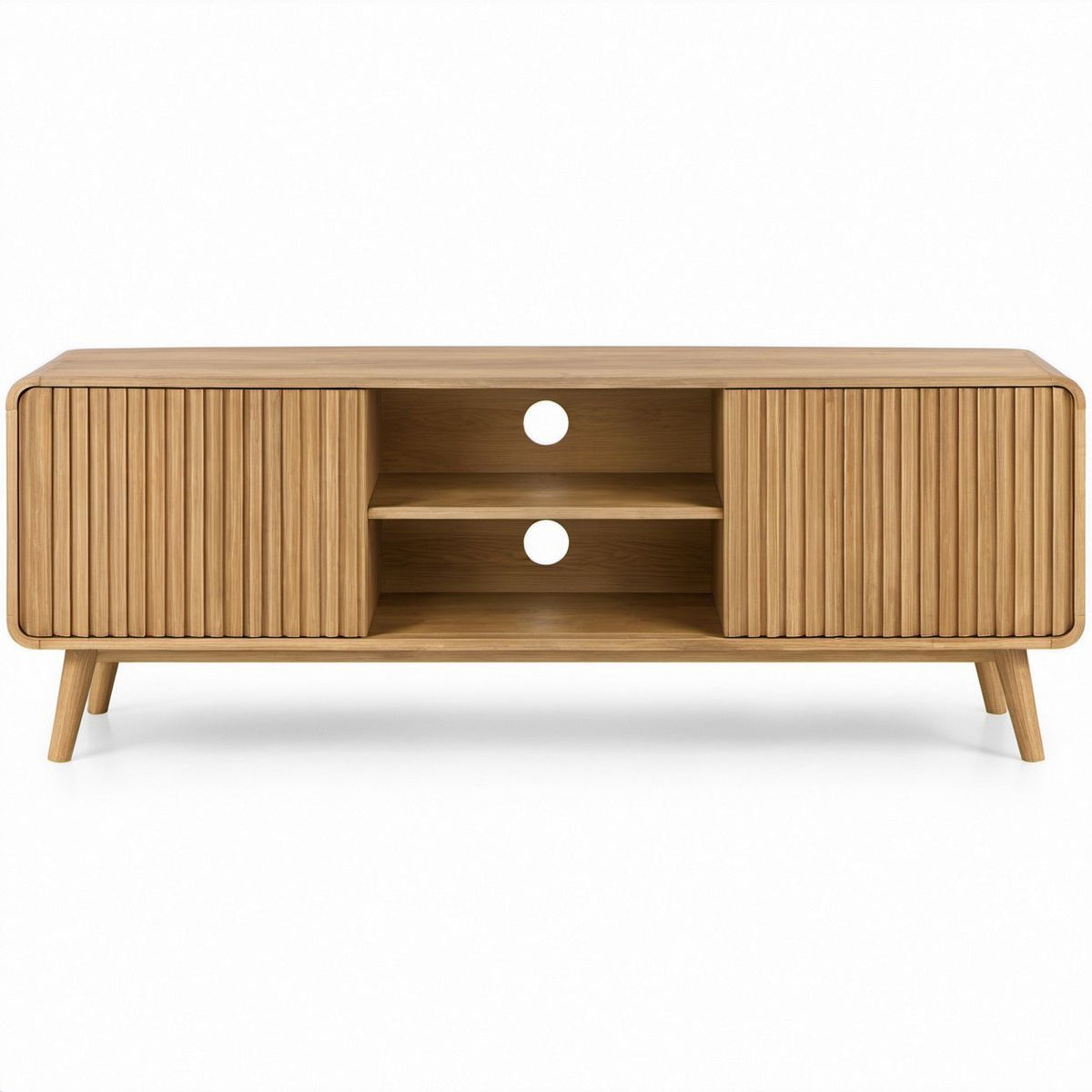 Natural Rubberwood TV Stand with Sliding Tambour Doors, 63 x 16 x 25 in