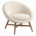 Round Ivory Polyester Boucle Upholstered Lounge Chair with Brown Rubberwood Legs, 31 x 31 x 31 in