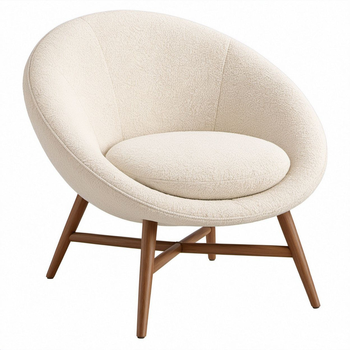 Round Ivory Polyester Boucle Upholstered Lounge Chair with Brown Rubberwood Legs, 31 x 31 x 31 in