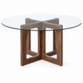 Round Clear Glass Table with Walnut Veneer Base, 60 cm Diameter x 55 cm High