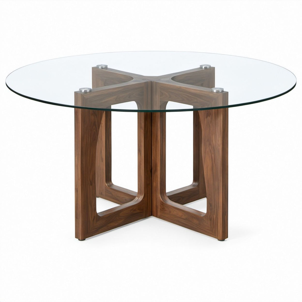 Round Clear Glass Table with Walnut Veneer Base, 60 cm Diameter x 55 cm High