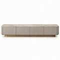 78 in Beige Microfiber Leather Media Console with Sintered Stone Top and Gold Base