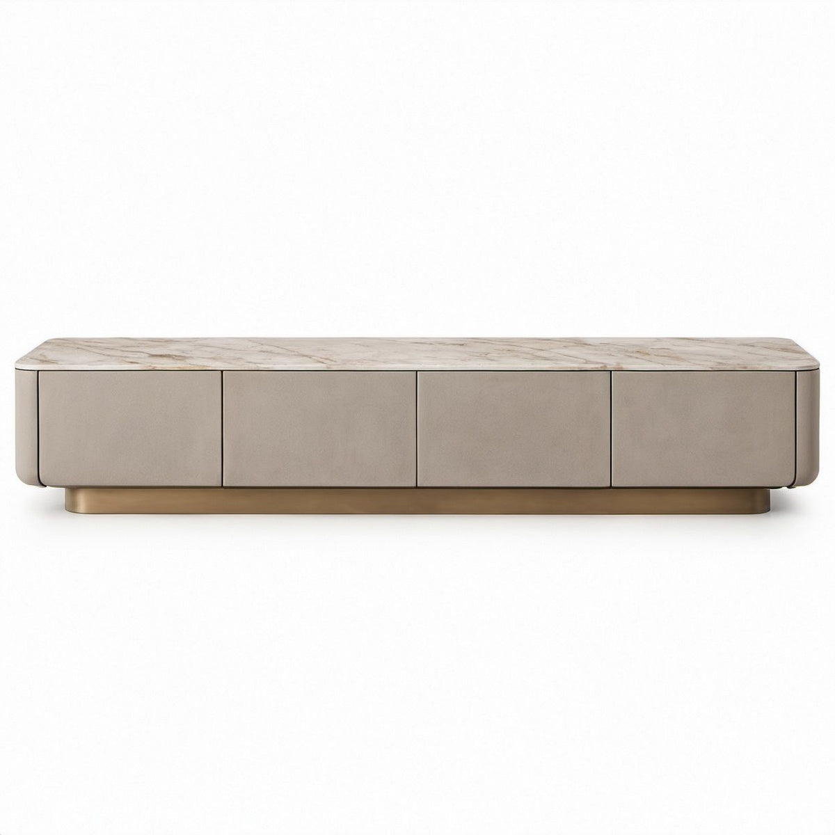 78 in Beige Microfiber Leather Media Console with Sintered Stone Top and Gold Base