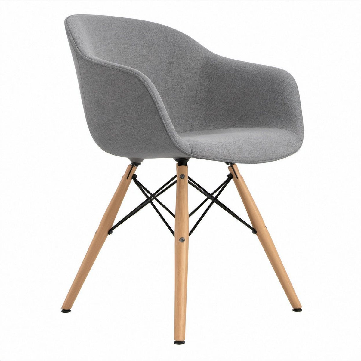 Gray Upholstered Armchair with Natural Beech Wood Legs and Black Steel Braces, 62 x 63 x 82 cm