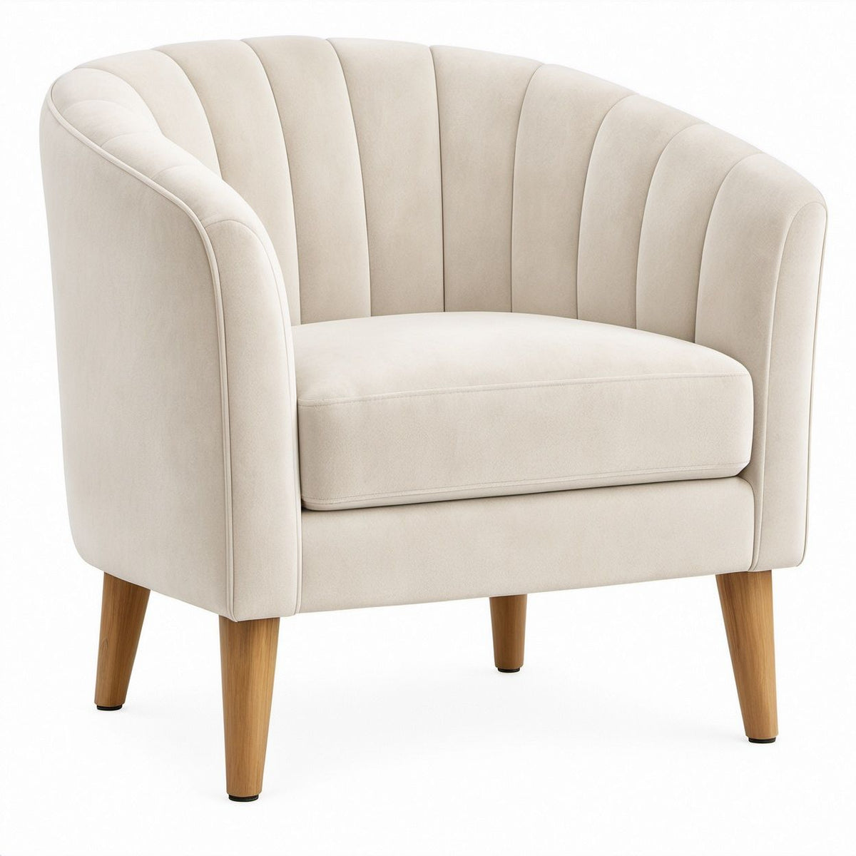 Ivory Velvet Barrel Lounge Chair with Natural Rubberwood Legs, 30 x 31 x 31 in
