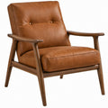 Cognac Brown PU Leather Upholstered Lounge Chair with Walnut Brown Rubberwood Frame, 28 x 32 x 34 in