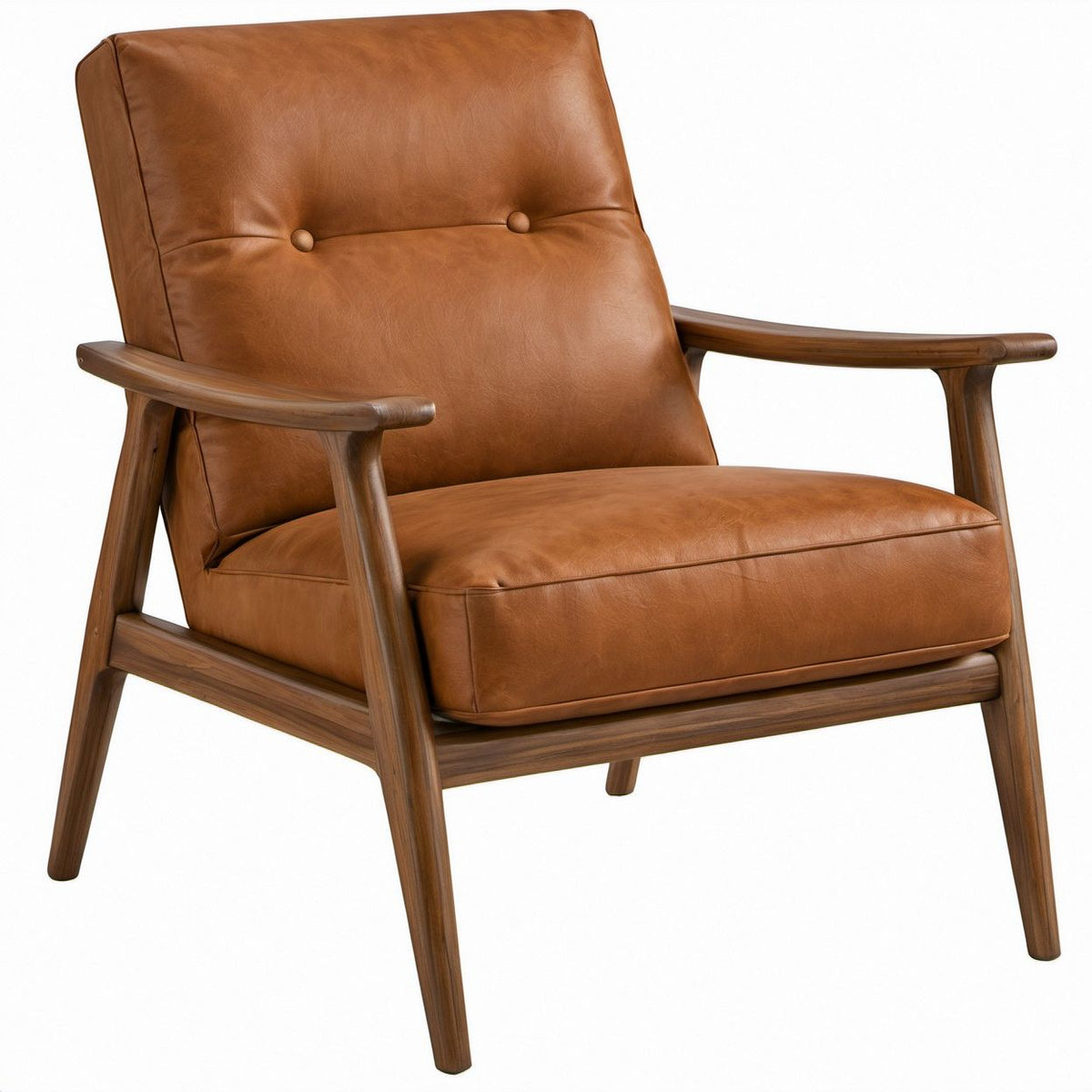 Cognac Brown PU Leather Upholstered Lounge Chair with Walnut Brown Rubberwood Frame, 28 x 32 x 34 in