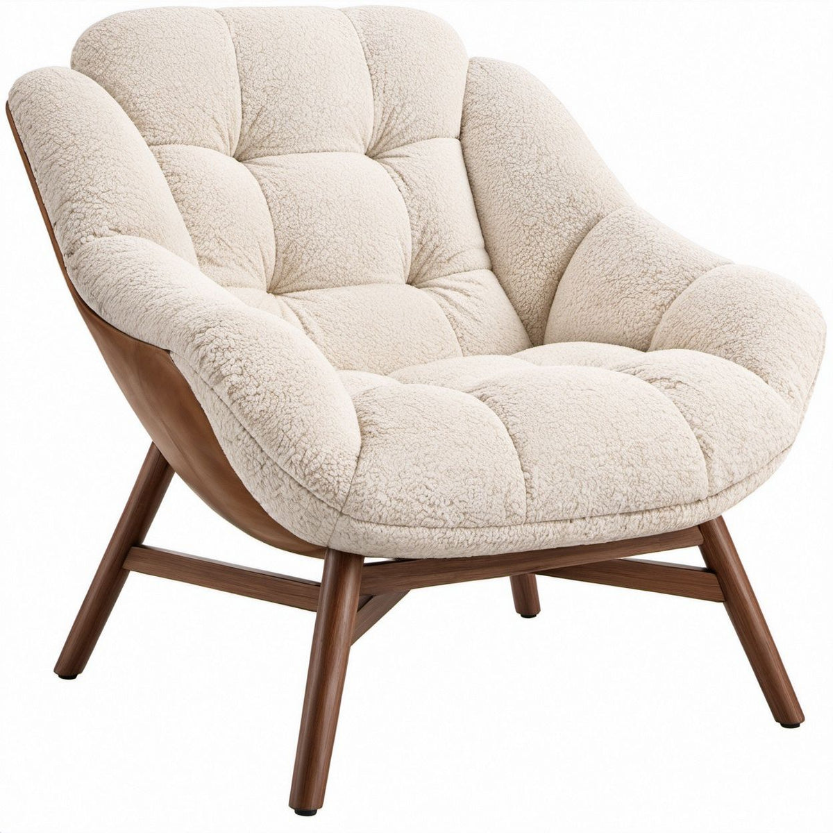Ivory Sherpa Lounge Chair with Walnut Brown Rubberwood Frame, 33.5 in W x 31.5 in D x 35.4 in H