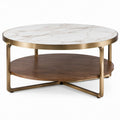 Round Coffee Table with White Sintered Stone Top, Walnut Brown Shelf and Gold Steel Frame, 35.4 x 35.4 x 17.7 in