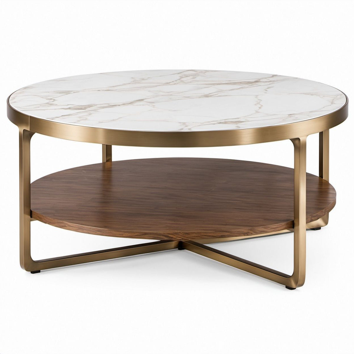 Round Coffee Table with White Sintered Stone Top, Walnut Brown Shelf and Gold Steel Frame, 35.4 x 35.4 x 17.7 in