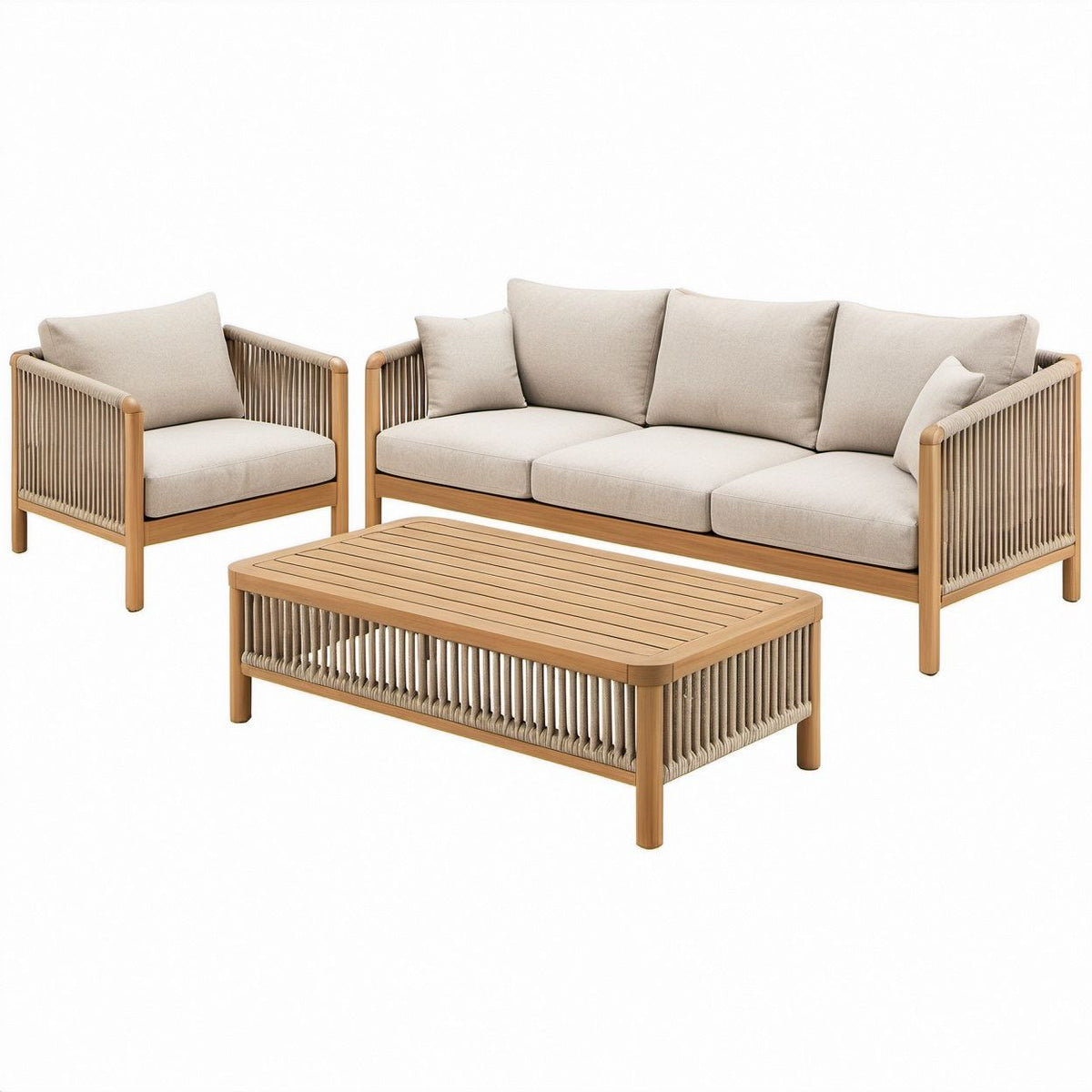 3-Piece Outdoor Patio Conversation Set with Natural Brown Acacia Wood Frame, Beige Rope and Cushions, 82.7 x 31.5 x 31.5 in Sofa