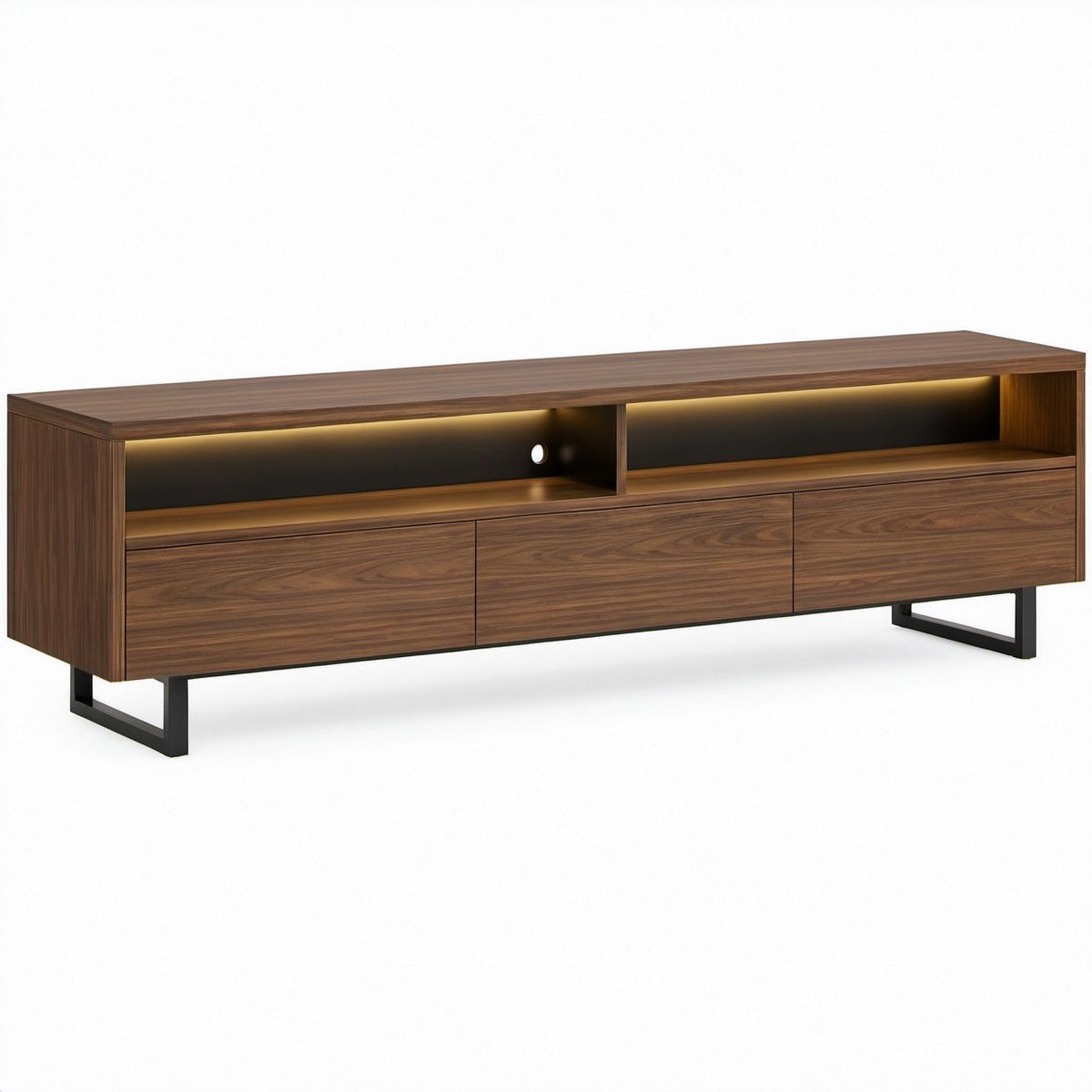 71 in Walnut and Black Engineered Wood TV Stand with LED Lighting, 3 Concealed Compartments