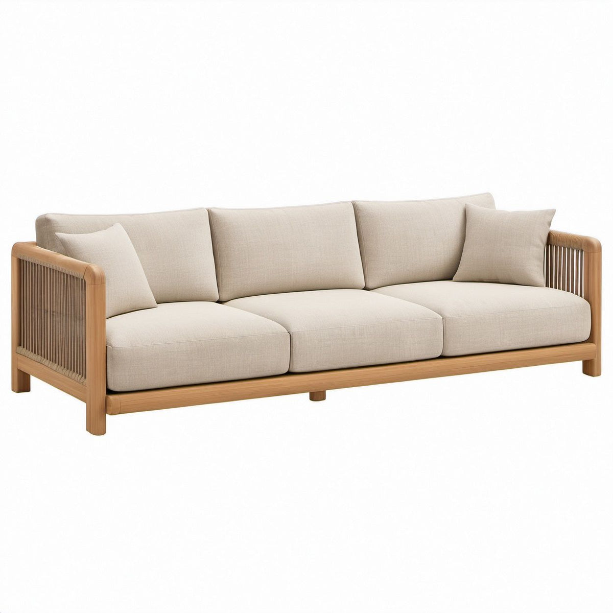 Outdoor 3-Seat Acacia Wood Frame with Woven Rope Sides, Beige Olefin Cushions, Natural Brown/Taupe, 218 x 83 x 76 cm