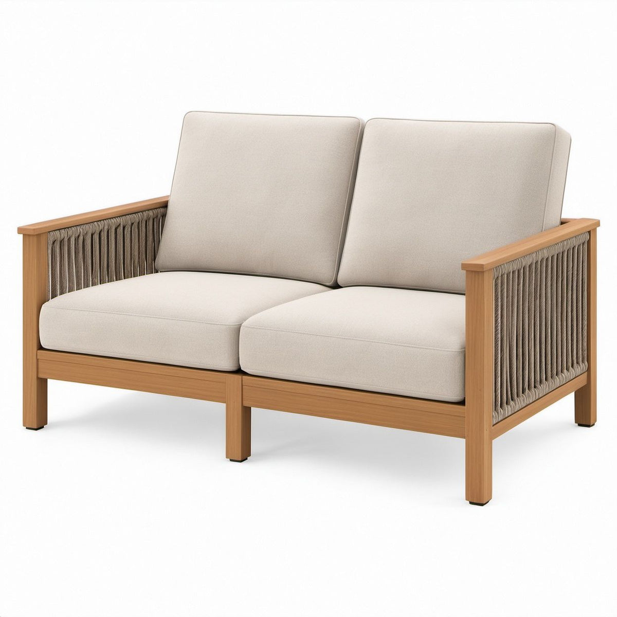 Outdoor Acacia Wood Loveseat with Beige Cushions and Taupe Rope, 150 x 78 x 78 cm