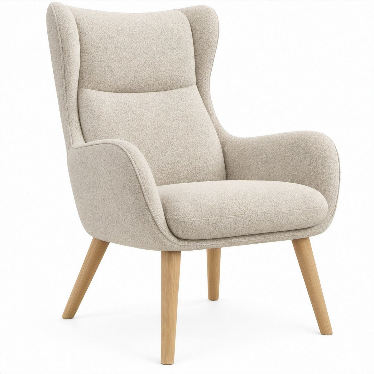 Cream Boucle Wingback Lounge Chair with Natural Rubberwood Legs, 30.7 x 33.5 x 41.7 in