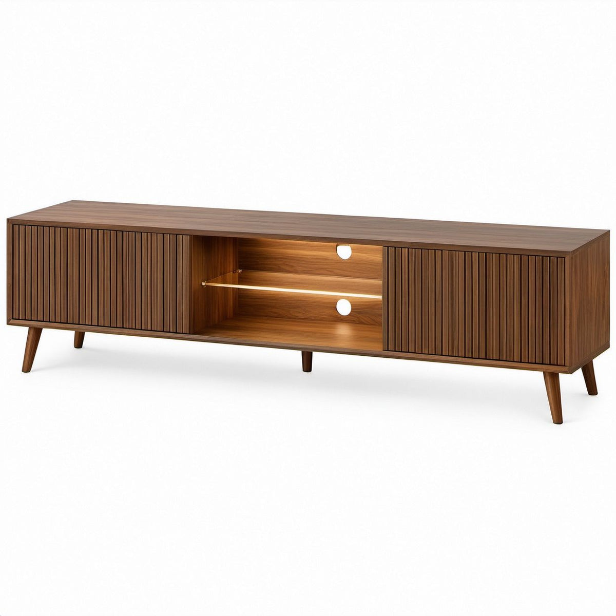 Walnut Brown Engineered Wood Media Console with Fluted Doors and Glass Shelf, 70 x 16 x 24 in