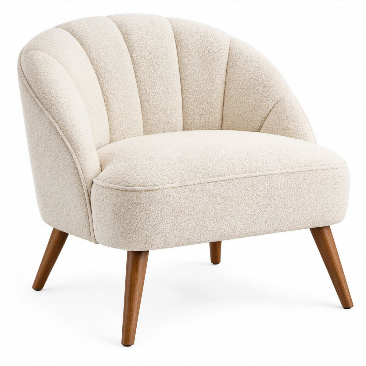 Cream Boucle Barrel Accent Chair with Brown Rubberwood Legs, 30 in W x 31 in D x 32 in H
