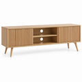 Natural Oak MDF TV Stand with Sliding Fluted Doors, 63 x 15.7 x 23.6 in