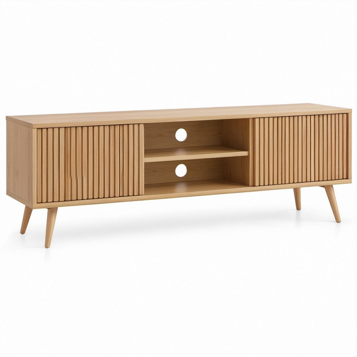 Natural Oak MDF TV Stand with Sliding Fluted Doors, 63 x 15.7 x 23.6 in
