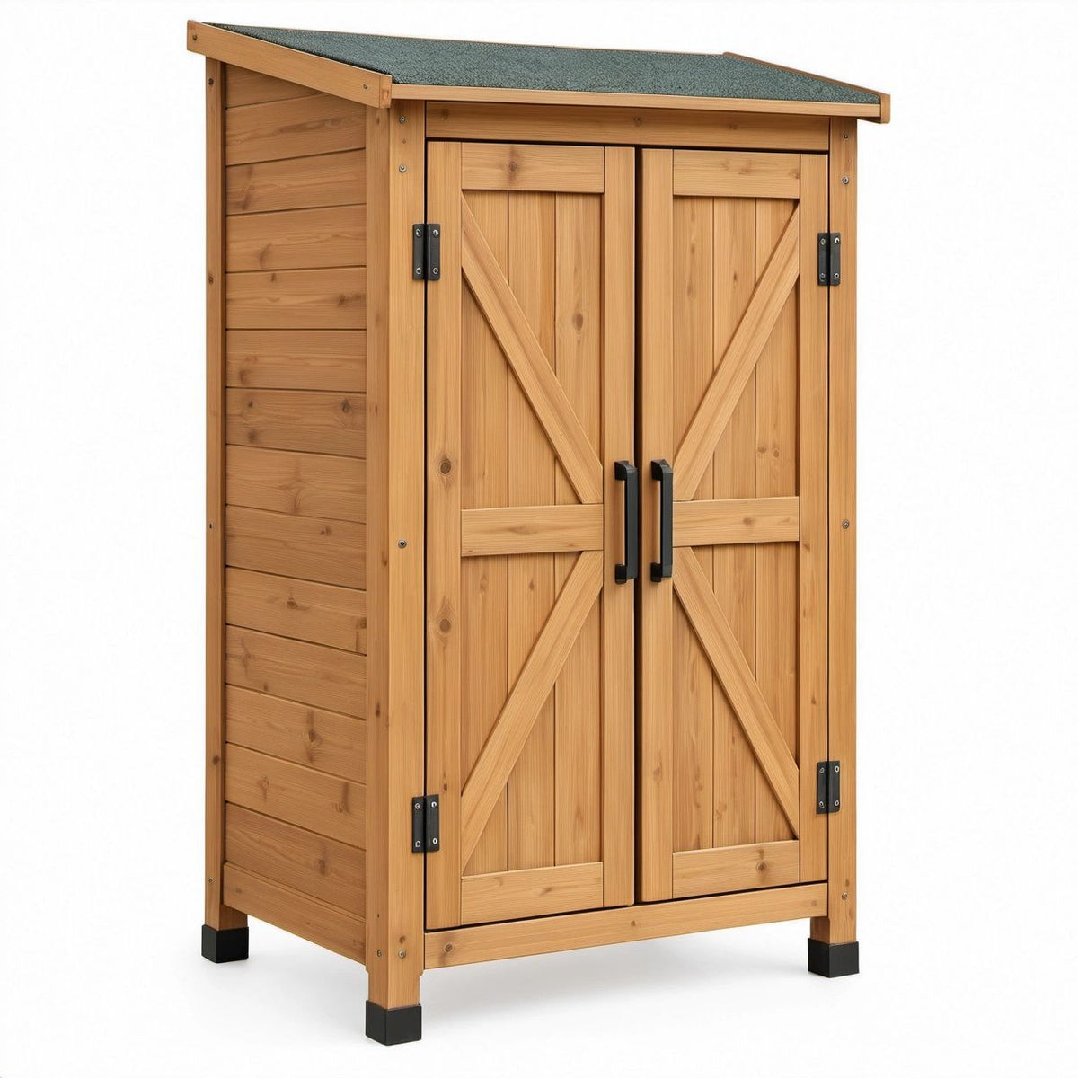 Natural Brown Fir Wood Outdoor Storage Cabinet with Gray Roof and Black Hardware, 30 x 18 x 60 in