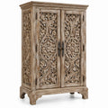 Solid Mango Wood Storage Cabinet with Floral Carved Doors, 40 x 18 x 72 in, Gray Brown