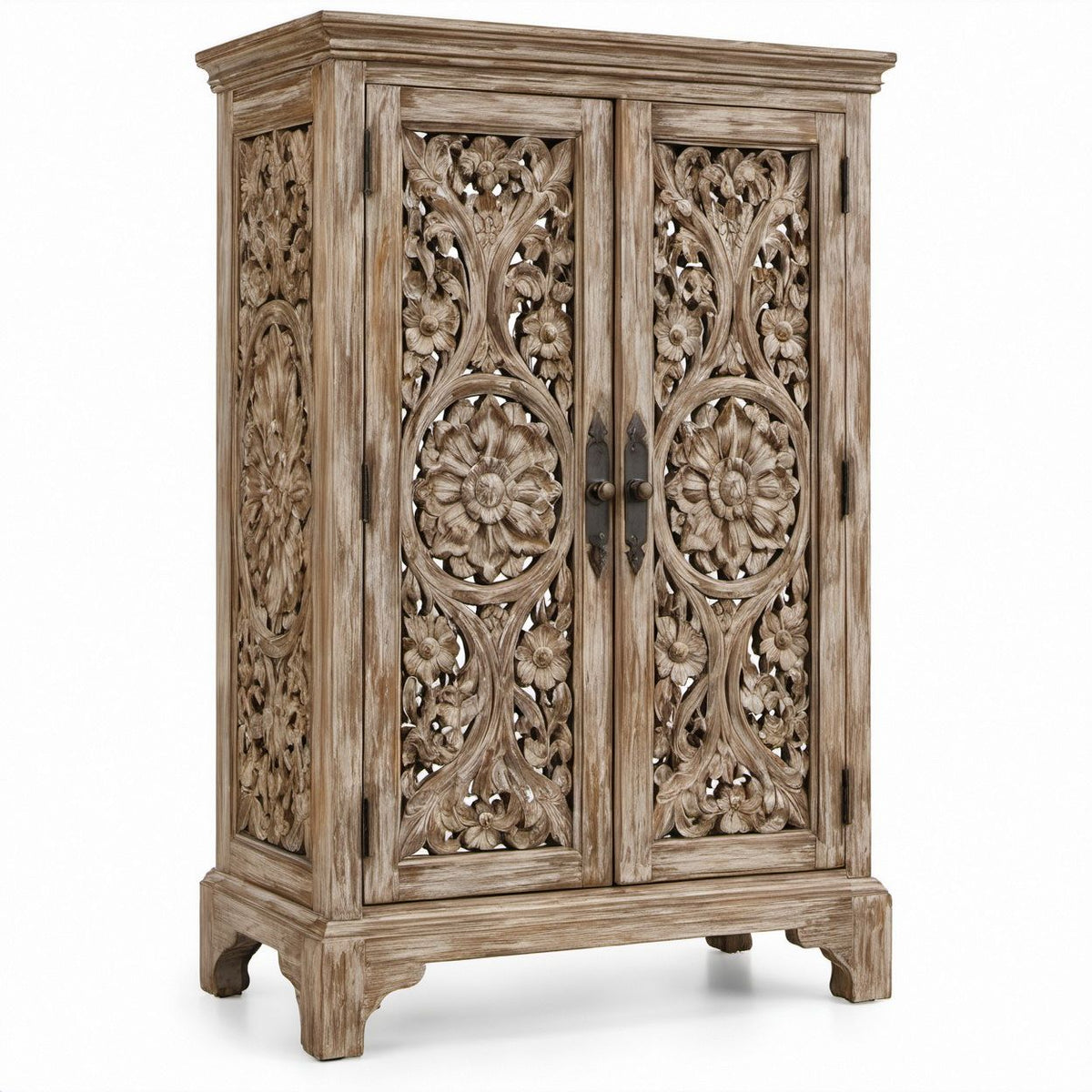 Solid Mango Wood Storage Cabinet with Floral Carved Doors, 40 x 18 x 72 in, Gray Brown