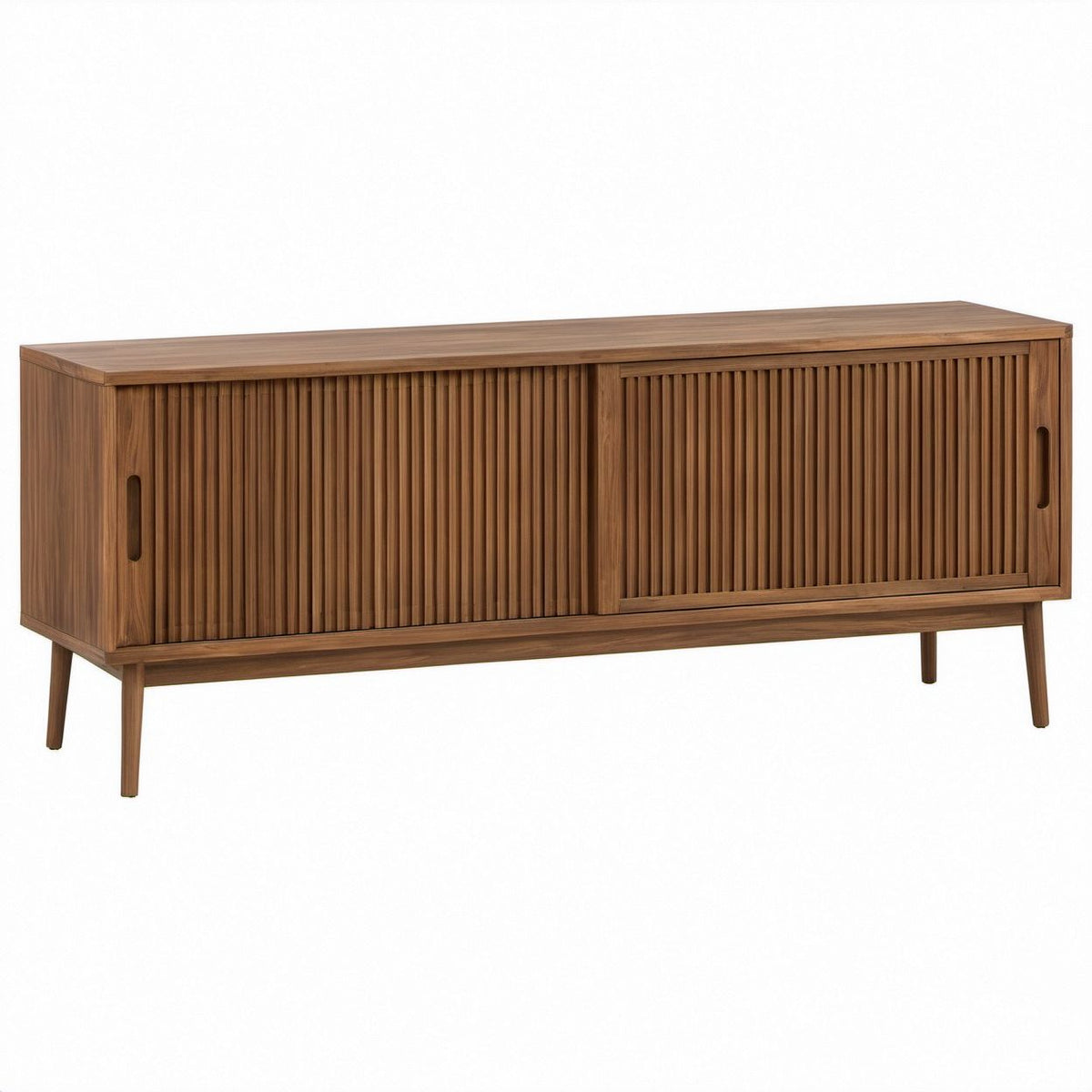 Walnut Veneer Media Cabinet with Ribbed Sliding Doors, 63 x 15.7 x 31.5 in