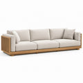 3-Seat Outdoor Acacia Wood Sofa with Beige Polyester Cushions, 90.6 x 33.5 x 29.5 in