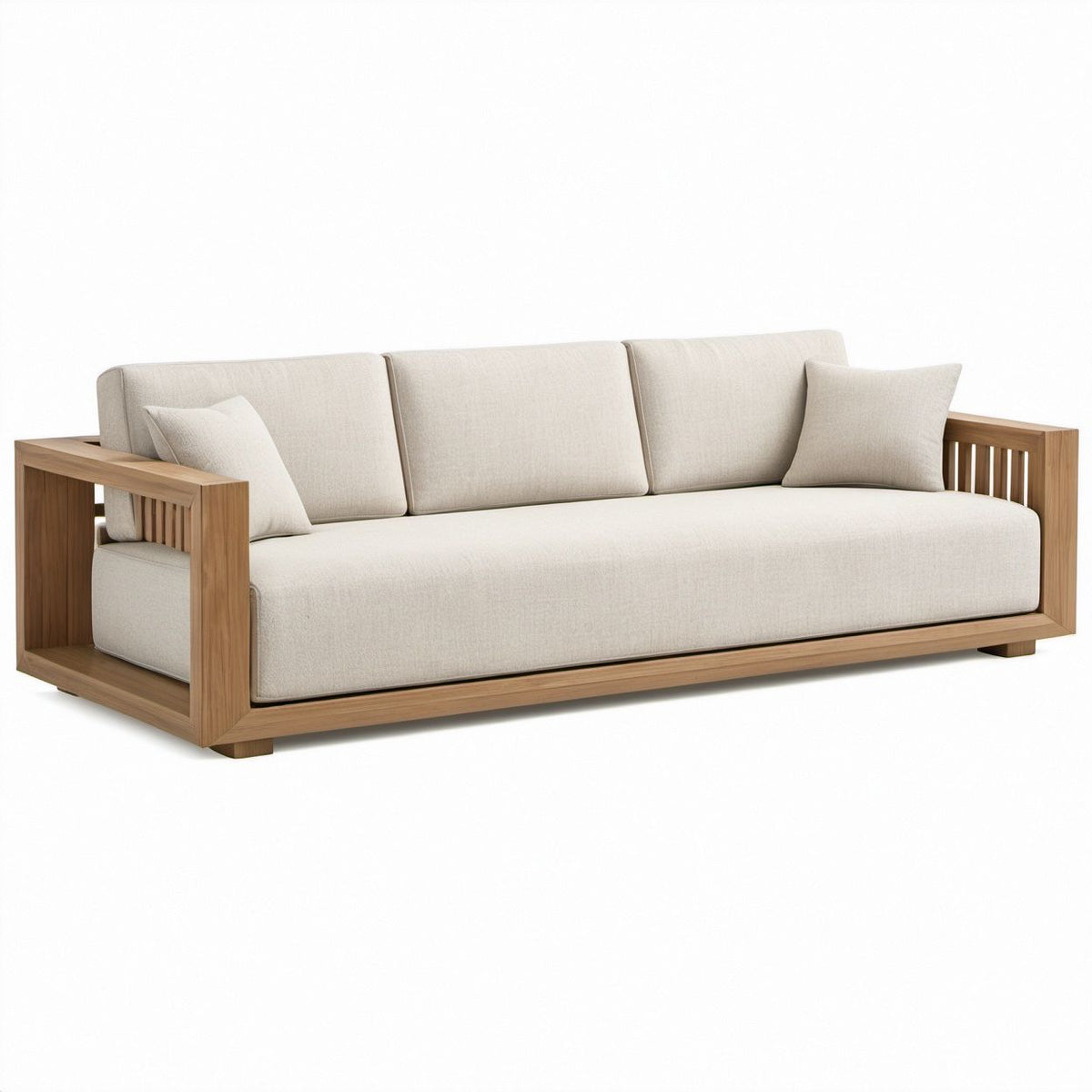 3-Seat Outdoor Teak Sofa with Beige Polyester Cushions, 84 x 34 x 30 in