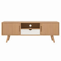Natural and White Oak Veneer TV Stand with Sliding Doors and Drawer, 63 x 15.7 x 21.7 in