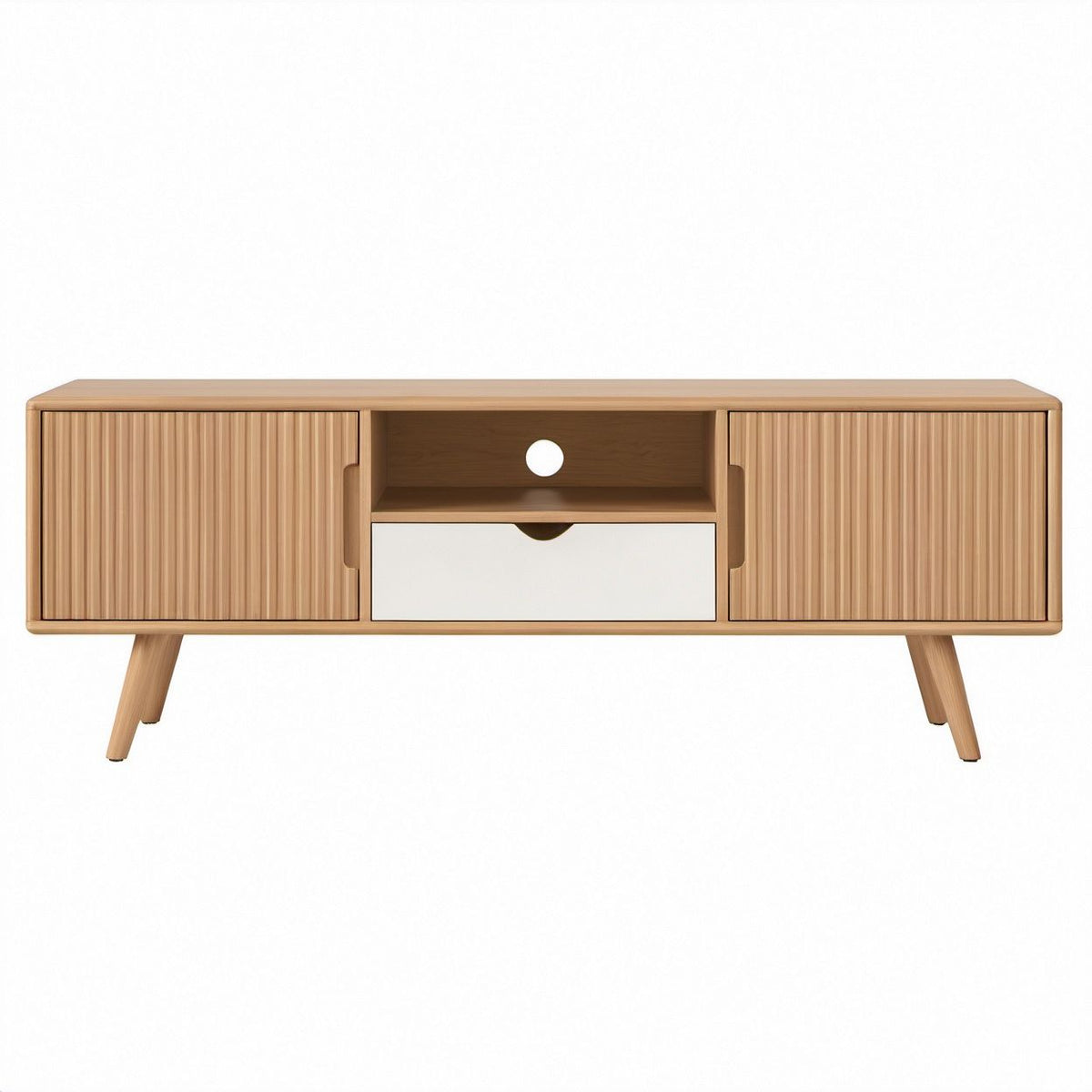 Natural and White Oak Veneer TV Stand with Sliding Doors and Drawer, 63 x 15.7 x 21.7 in